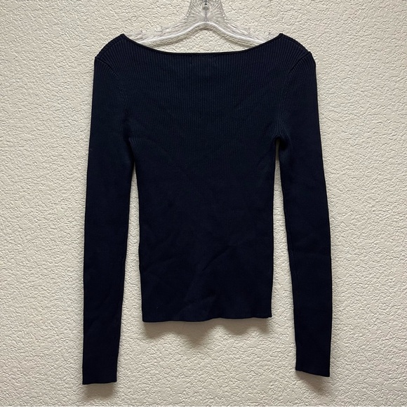 OPEN EDIT Navy Baritone Ribbed Knit Long Sleeve Sweater Top XS XXS NWT - Picture 3 of 6